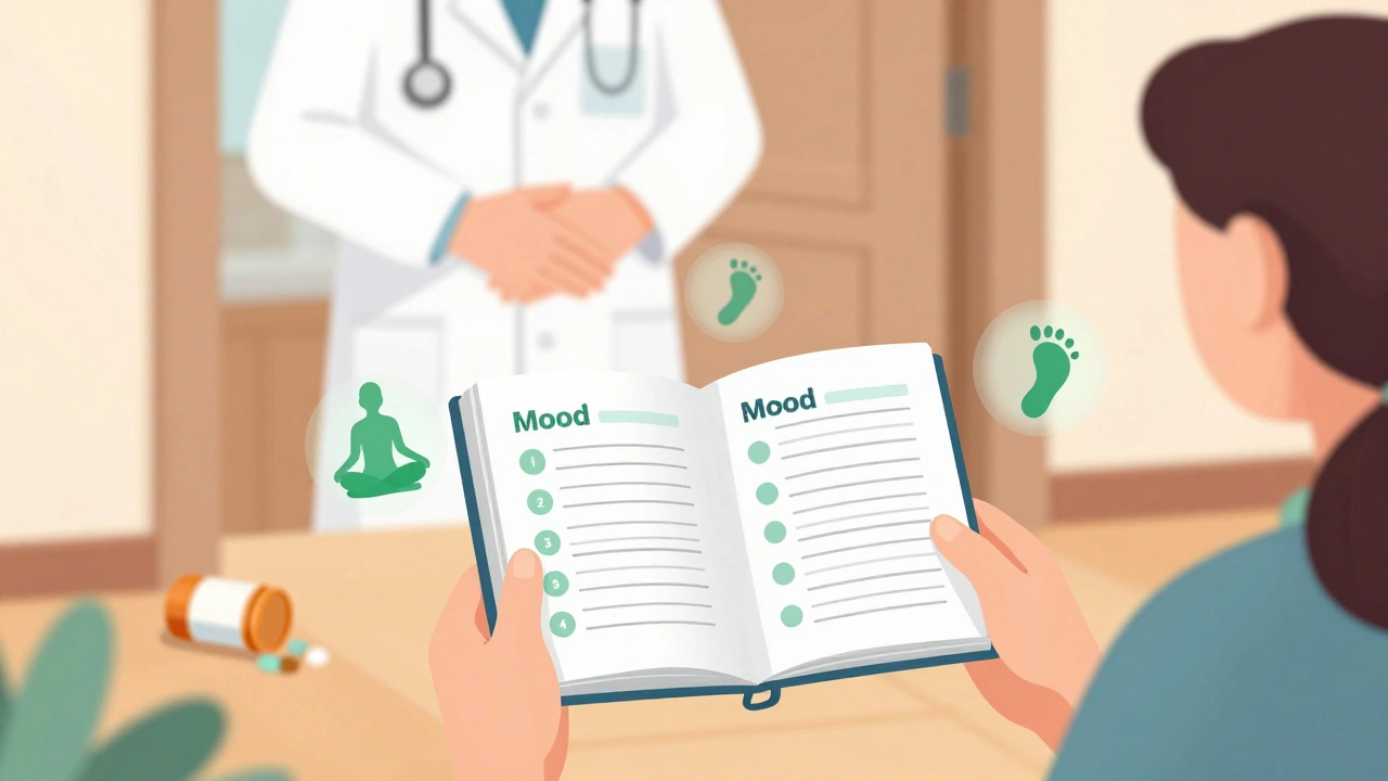 Person journaling mood patterns with calming icons nearby, while a doctor and therapist offer support from the doorway.