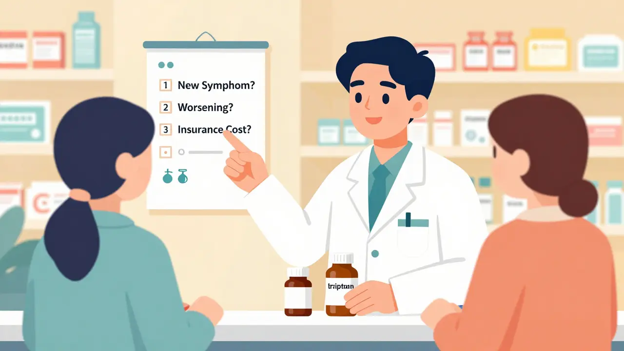 Pharmacist advising customer on when to use OTC vs prescription drugs