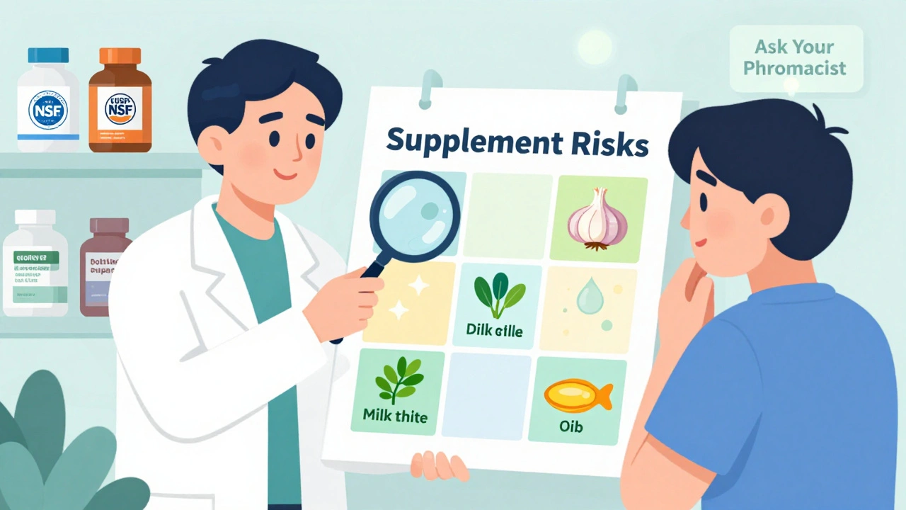 Pharmacist explains supplement risks using a visual chart with safety-certified brands.
