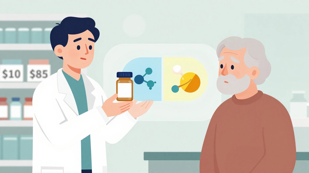 Pharmacist gives generic pill to patient with price comparison overlay showing cost difference.