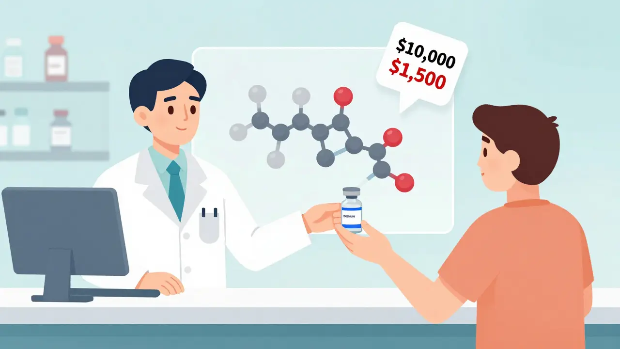 Pharmacist giving biosimilar to patient while molecular structures transform from brand to generic.