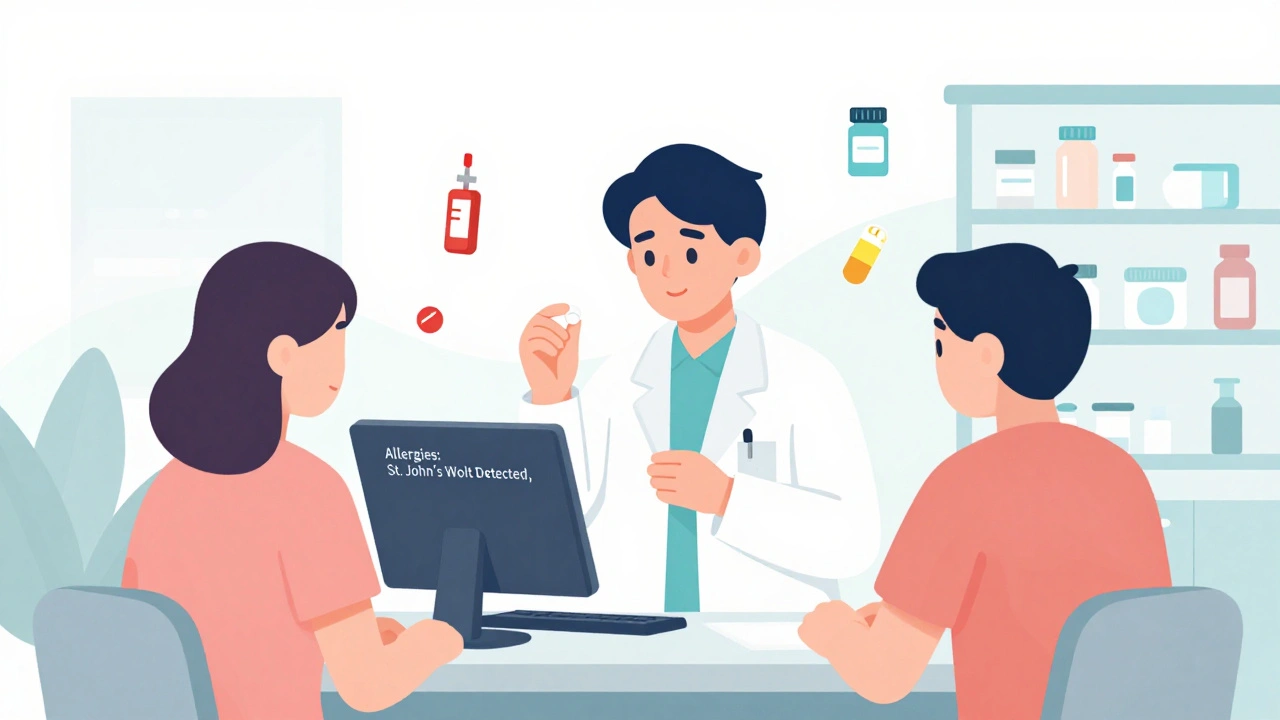 Pharmacy technician and pharmacist collaborating to verify medication and check for drug interactions.