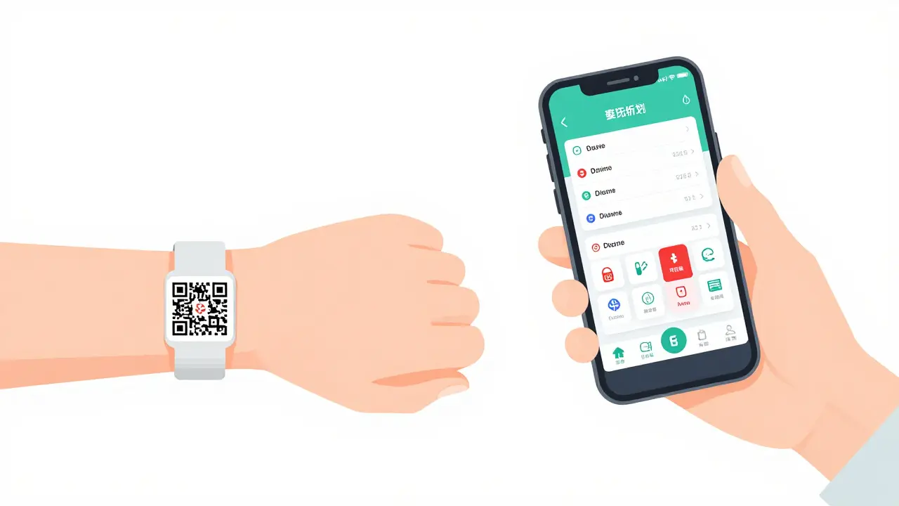 Side-by-side of traditional engraved medical bracelet and QR code bracelet being scanned to reveal digital health info.