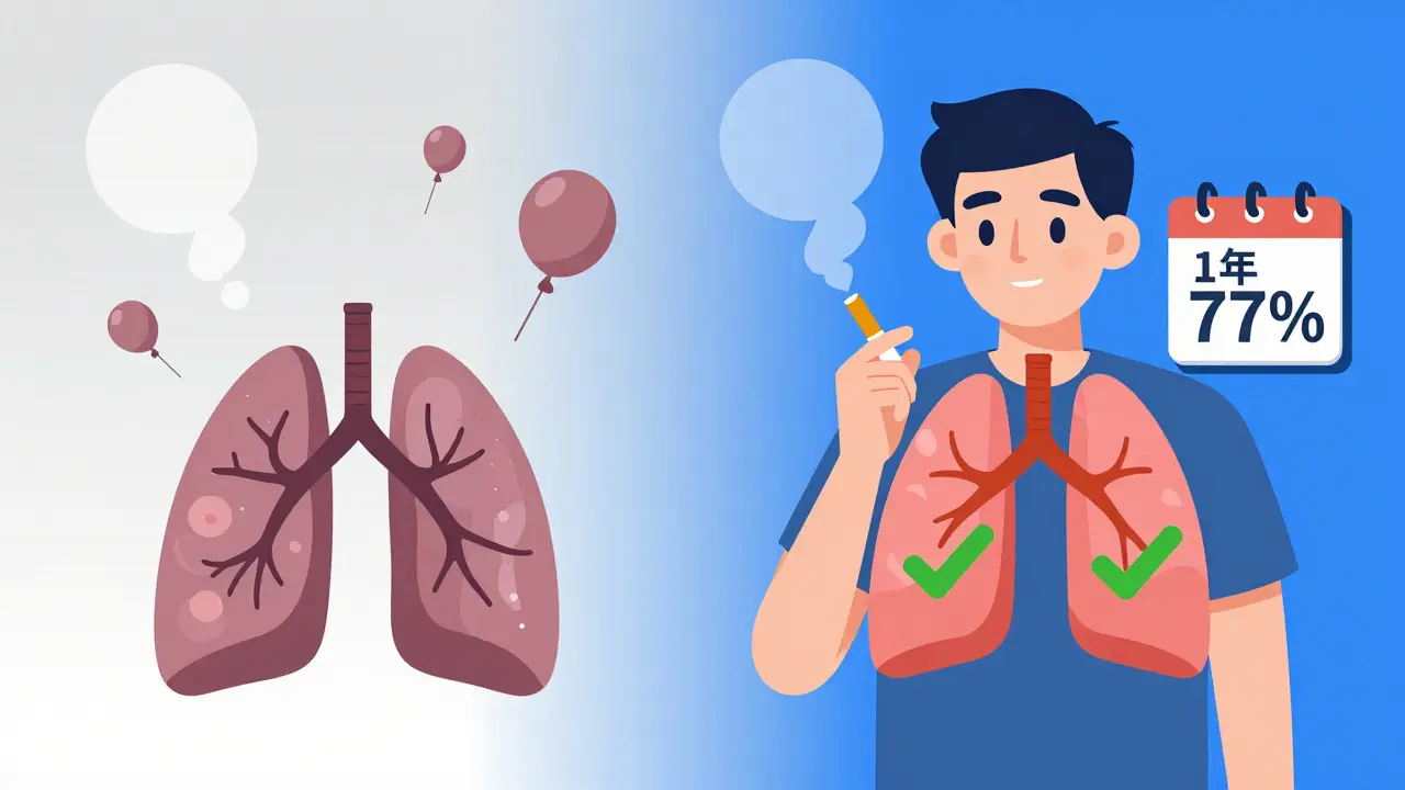 Smoker with bursting lung sacs vs. healthy lungs after quitting, shown in flat design comparison.