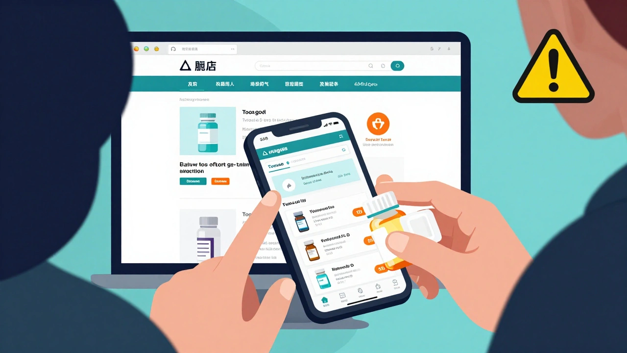 Someone shopping online for medicine, unaware of a fake website with deceptive pricing and logos.