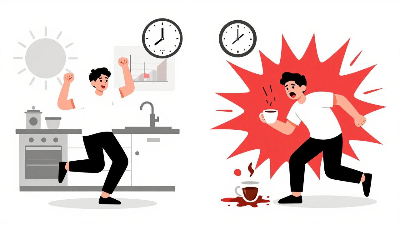 Split illustration of the same person happily dancing versus screaming at spilled coffee, with a cortisol graph above.