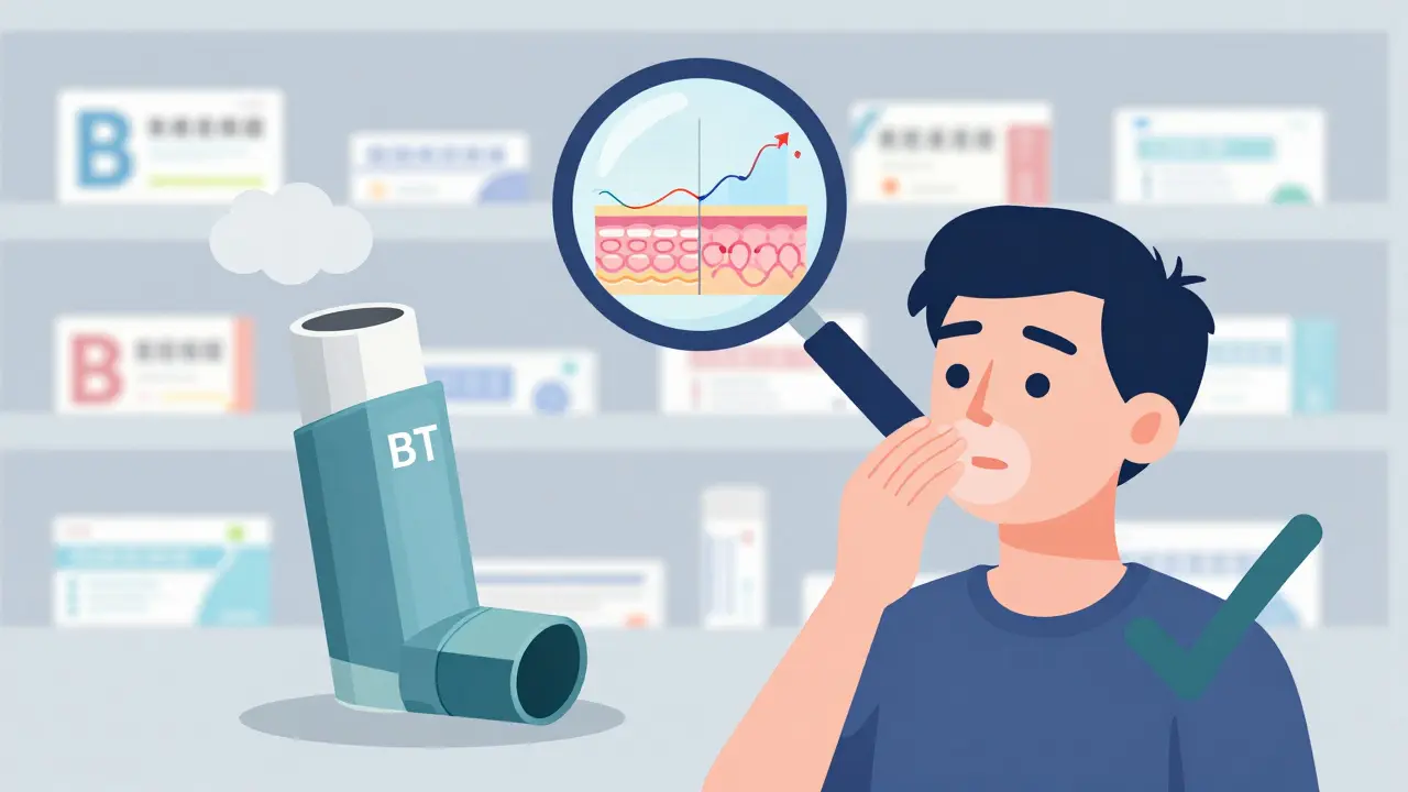 Split illustration showing a BT-coded inhaler and a patient breathing easily with bioequivalence data above.