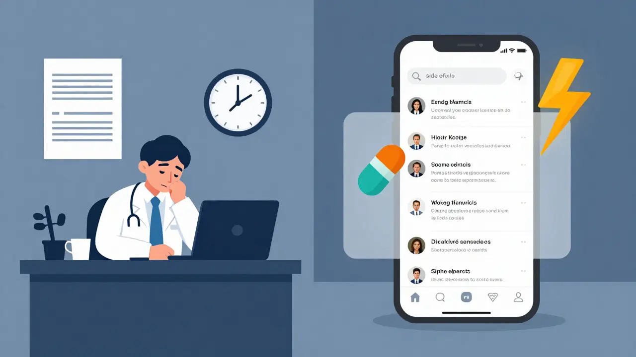 Split scene comparing slow traditional drug reporting with fast social media alerts in flat cartoon style.