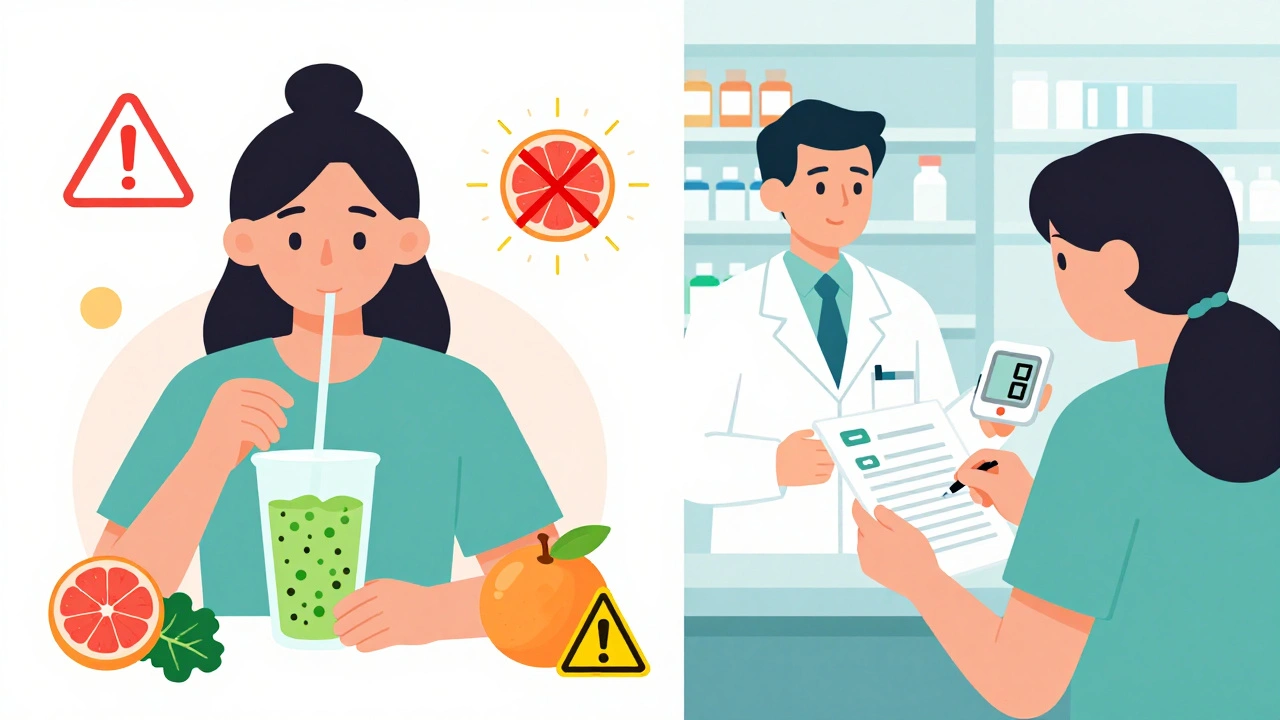 Split scene: grapefruit smoothie conflicts with medication vs. safe pharmacy consultation.