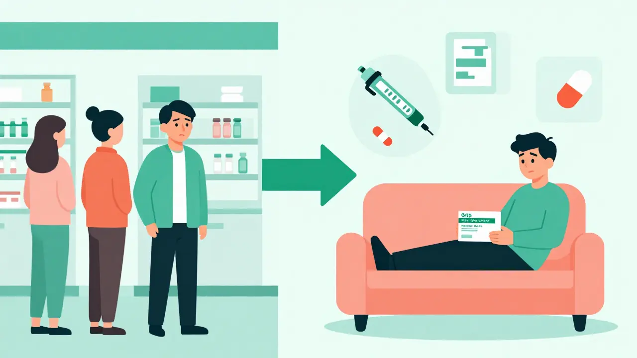 Split scene: tired person in pharmacy vs. relaxed person with delivered meds.