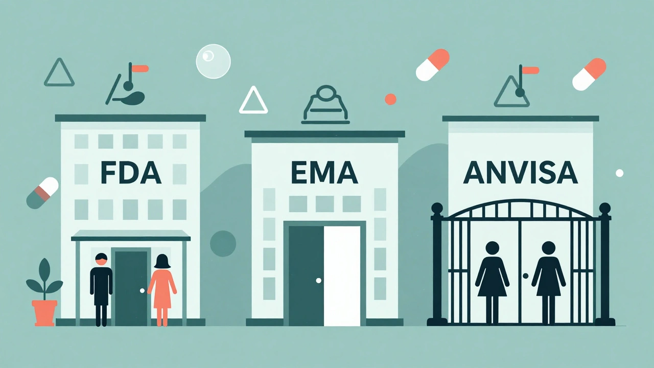 Stylized regulatory agency buildings with different entry policies for bioequivalence studies.
