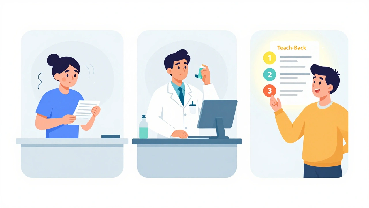 Three-panel scene showing the evolution of patient counseling from rushed to thorough in a pharmacy.