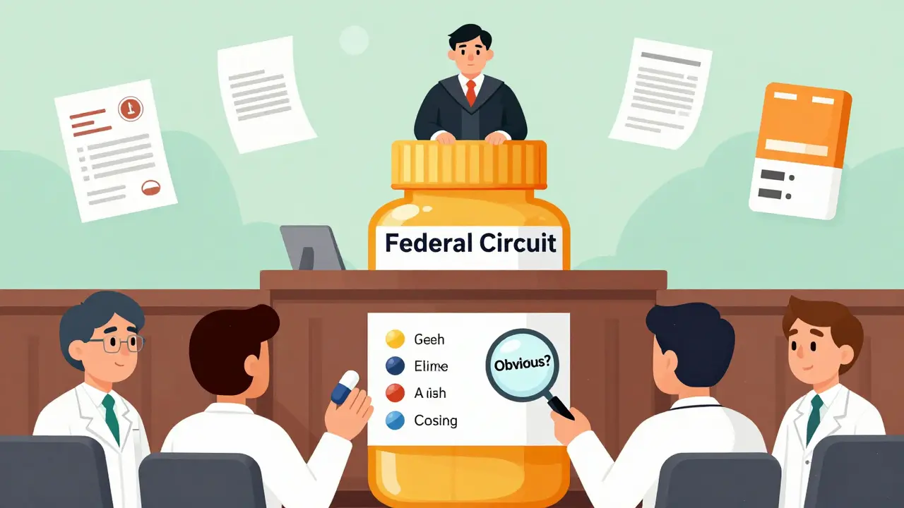 A judge on a pill bottle oversees scientists debating a dosing chart, with patent certificates and Orange Book icon in background.
