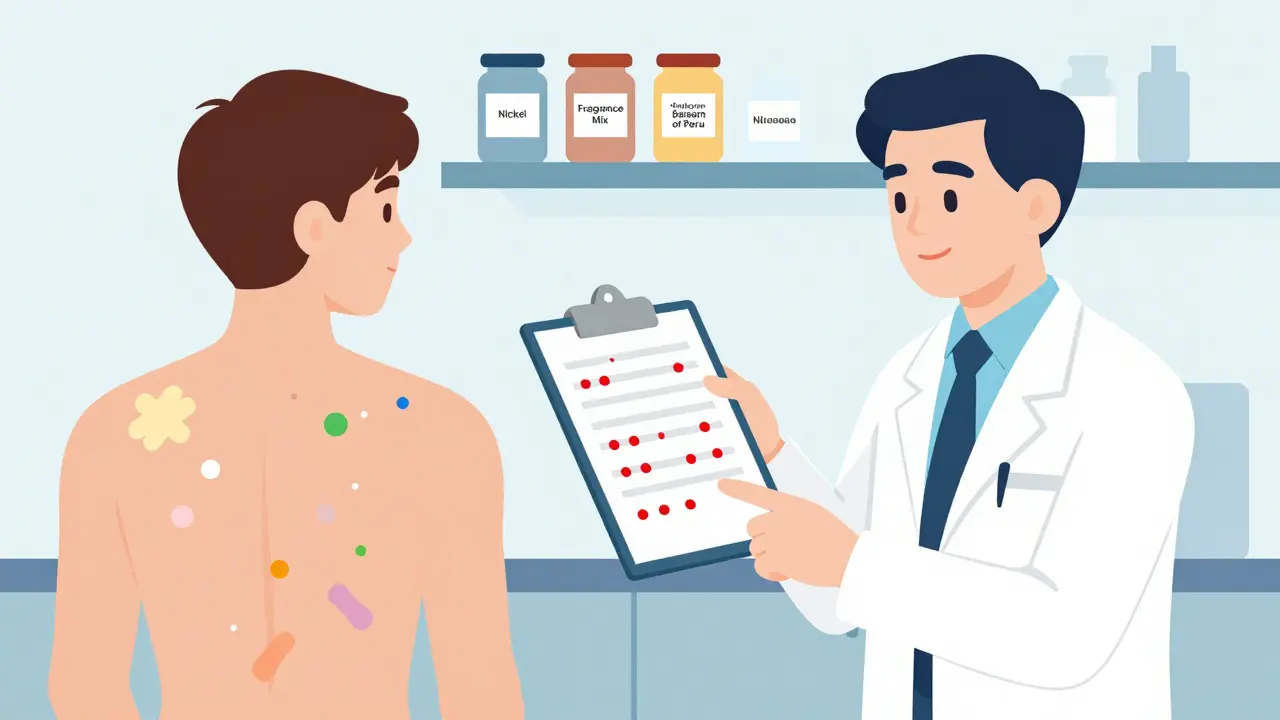 A patient’s back with patch test stickers and a dermatologist reviewing results.