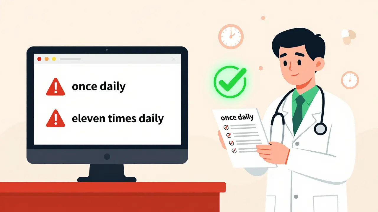 A split image showing a machine mistranslating 'once' as 'eleven' versus a human translator correcting it with a green checkmark.