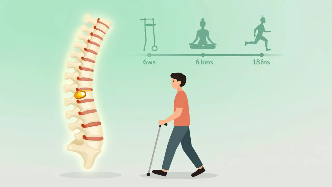 Abstract fusion of two vertebrae with healing energy, and a patient walking toward recovery across a timeline in flat design.