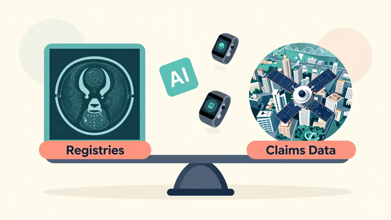 Balanced scale showing registries and claims data with AI tools connecting them in flat design.