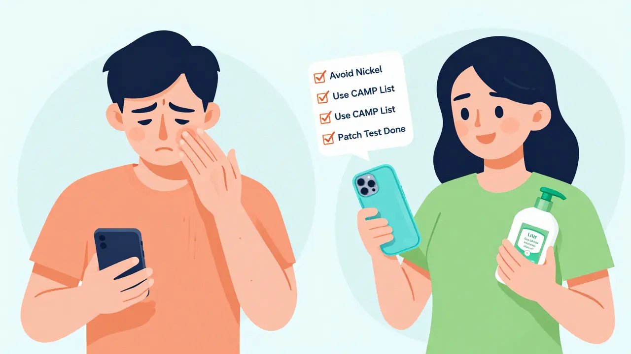 Before-and-after scene: rashy person switching to safe products with a checklist.