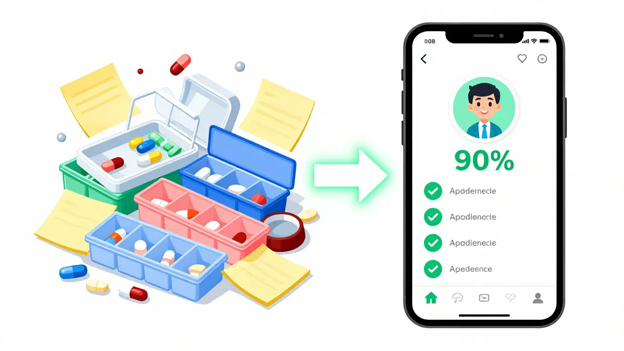 Contrast between messy pill organizers and a clean digital medication app dashboard with adherence streak.