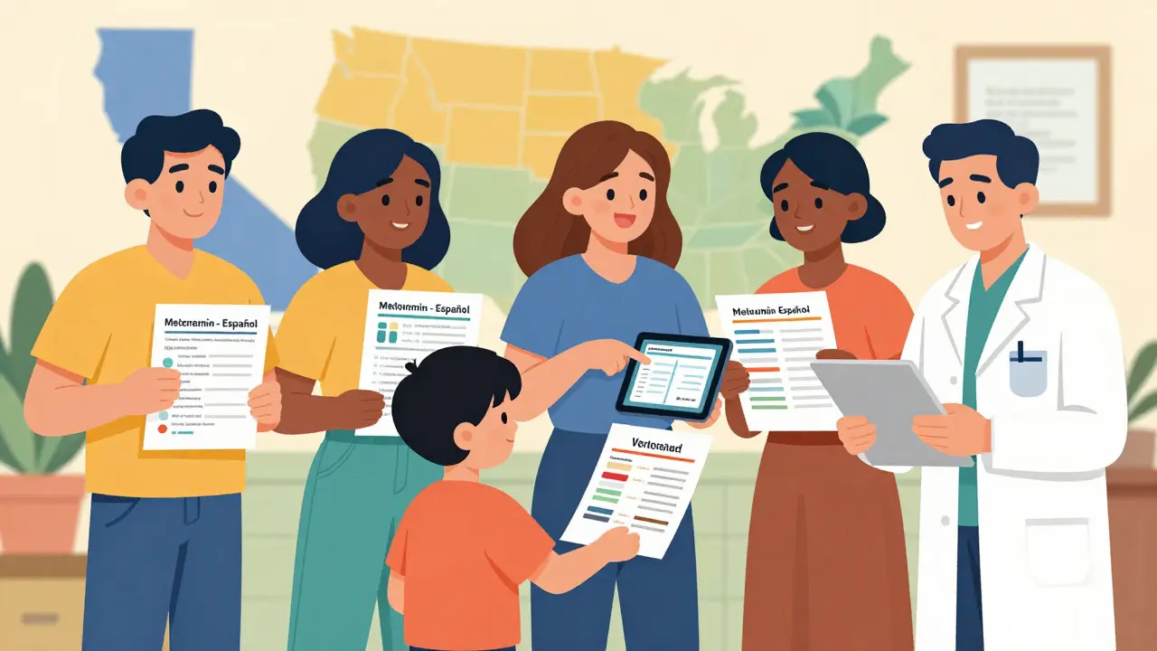 Diverse community members and a pharmacist sharing multilingual medication guides in a bright, hopeful setting.