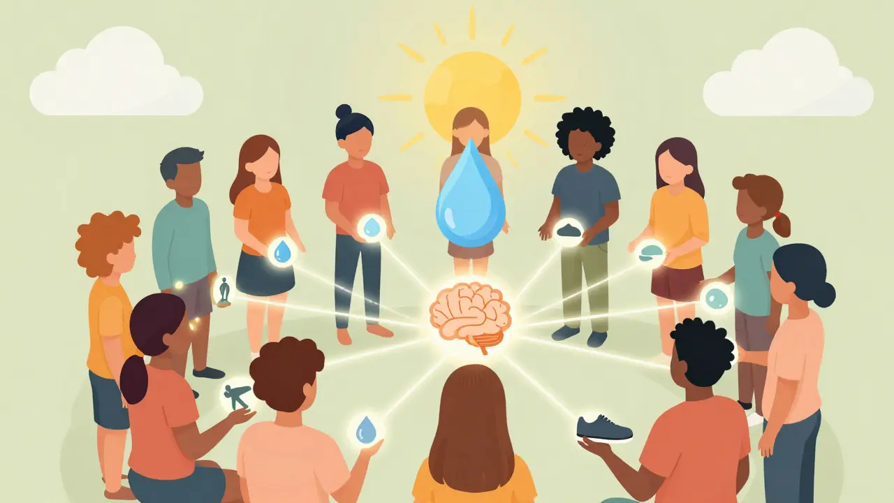 Diverse group connected by glowing symbols representing movement, mindset, and support.