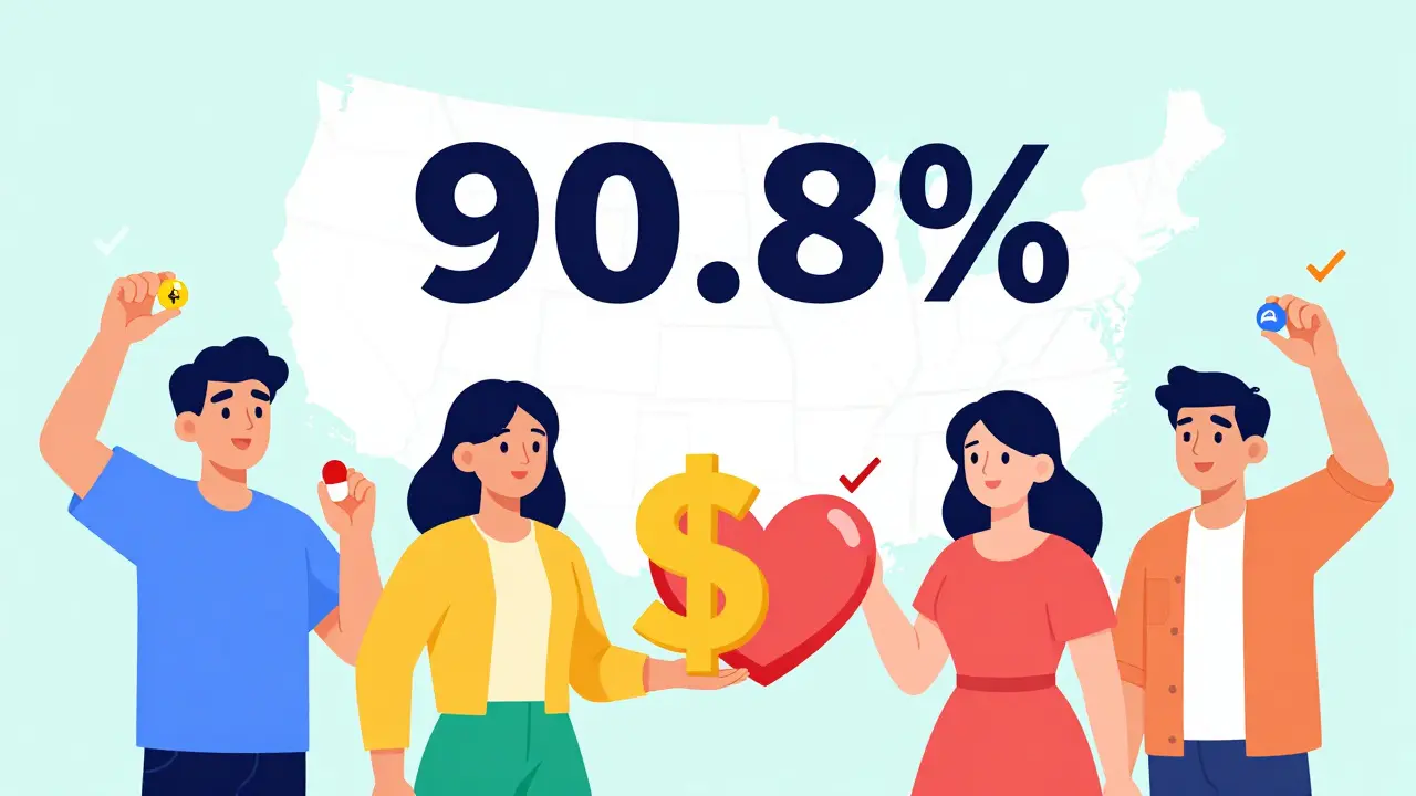 Diverse group of people confidently taking generic pills, with cost savings symbolized by a dollar turning into a heart.