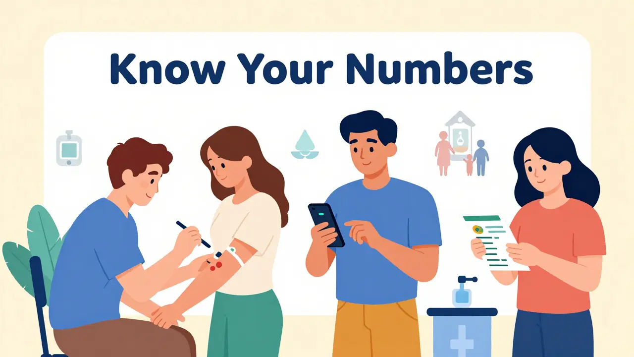 Diverse group of people getting kidney screenings at a community clinic with health tracking apps and food labels visible.
