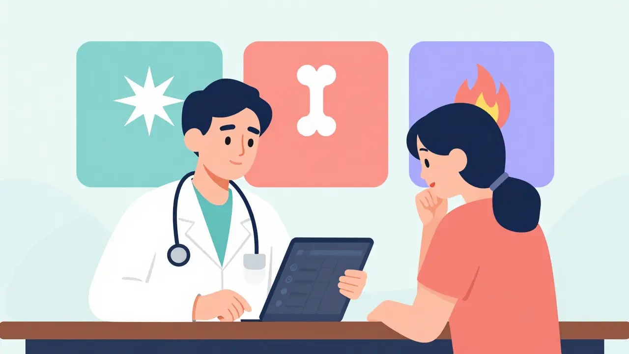 Doctor and patient reviewing a digital pain tracker with visual icons of nerve, bone, and burning pain.