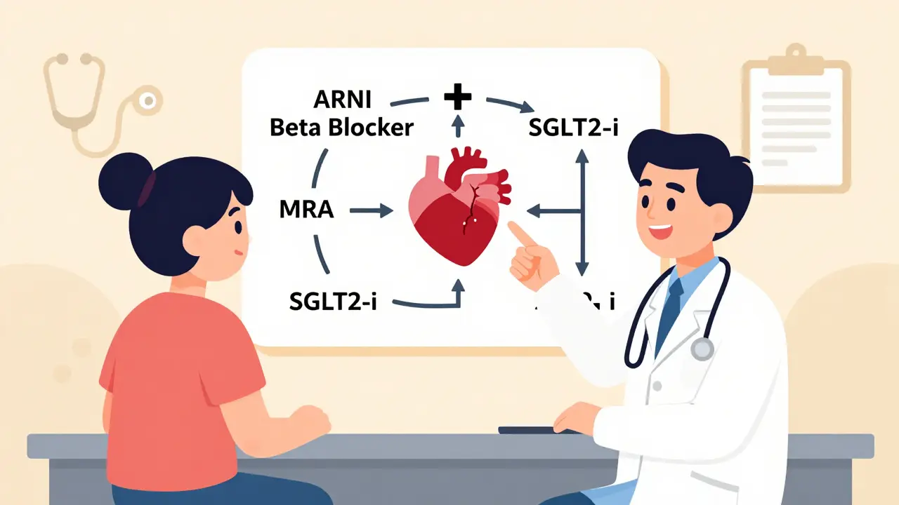 Doctor and patient reviewing four-pill heart failure treatment flowchart