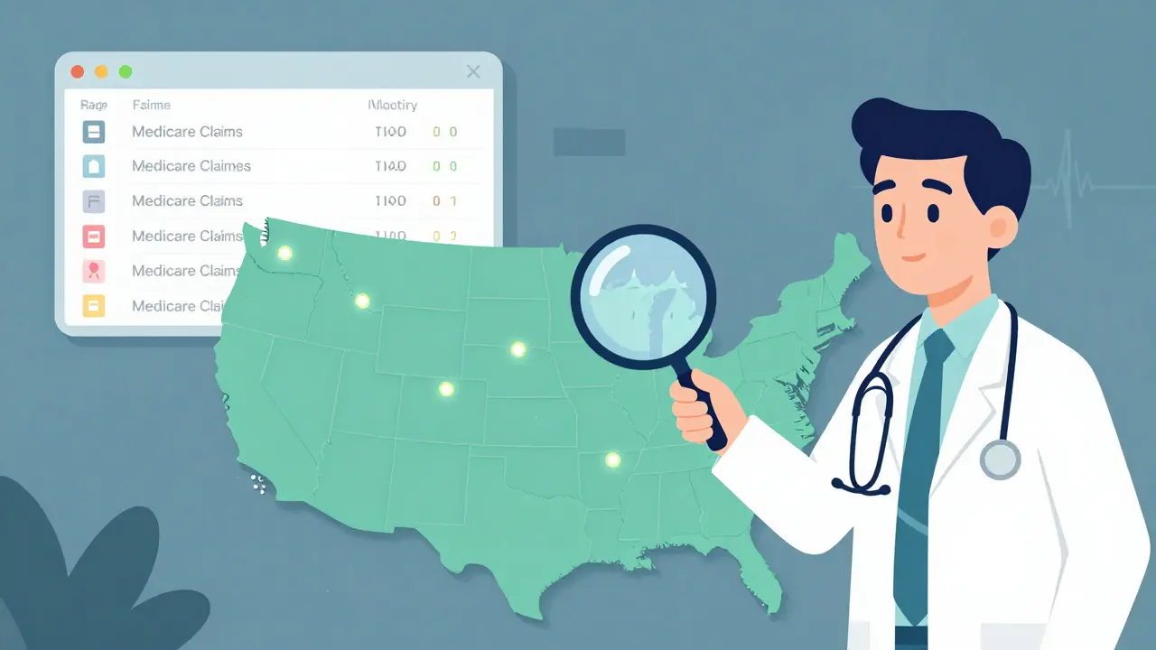 Doctor using a magnifying glass over a U.S. map with claims data dots and registry vitals above.