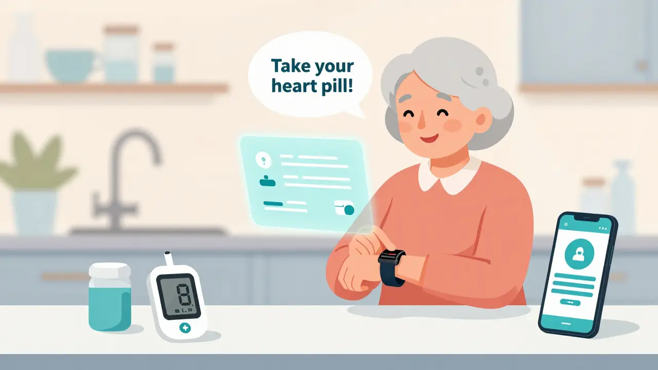 Elderly woman receiving voice reminder from smartwatch, with connected health devices on counter.