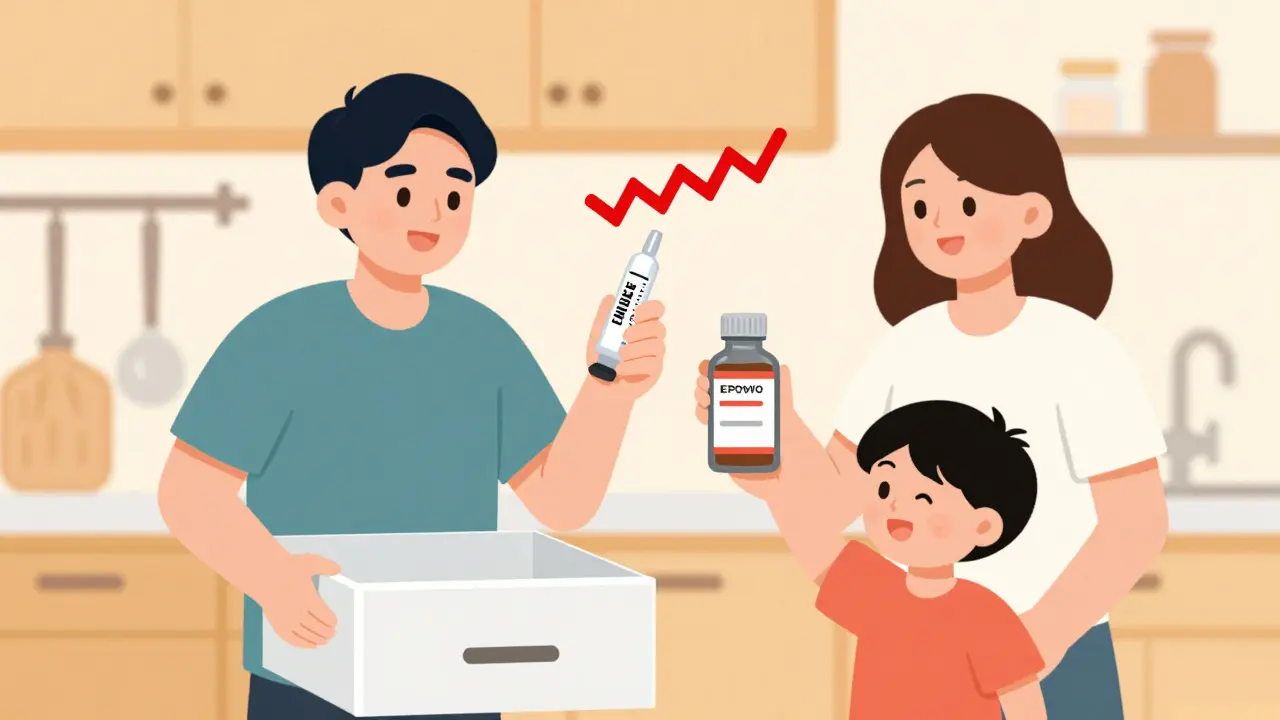 Family handling expired EpiPen and insulin, one child reaching for cloudy antibiotic