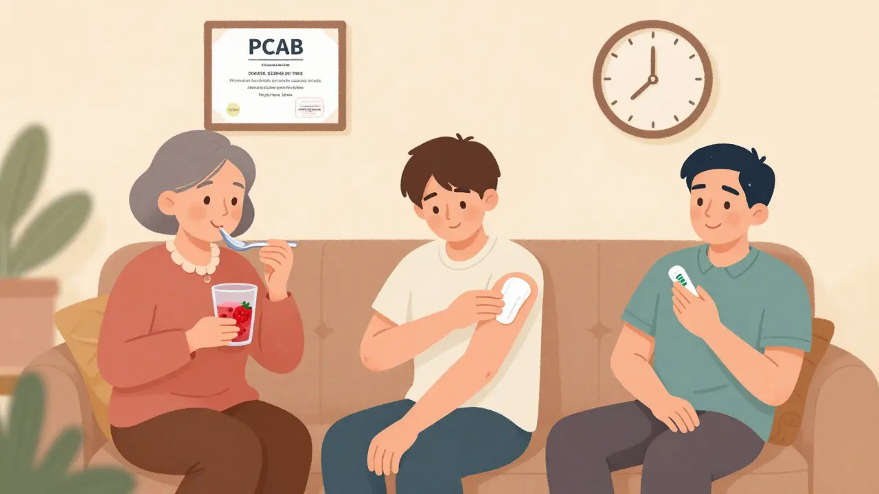 Family using compounded medications at home with PCAB certificate on wall