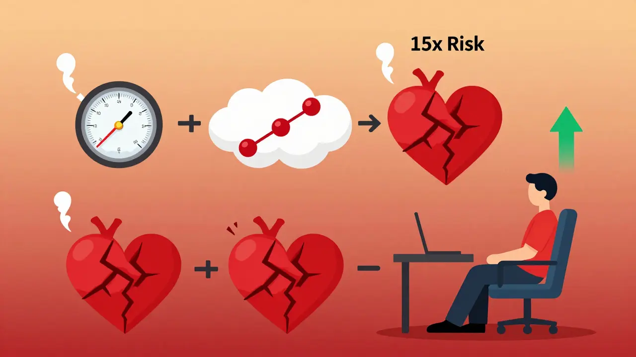 Four risk factors multiplying into a cracked heart with a 15x risk arrow in flat design.