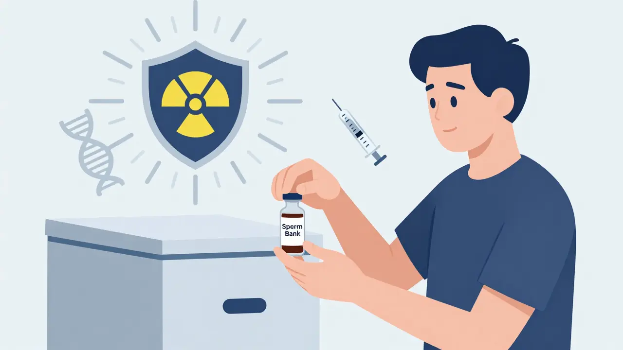 Man storing sperm in a cryogenic unit with radiation shielding, representing male fertility options.