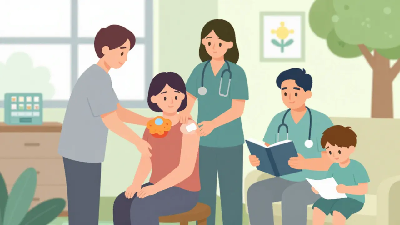 Palliative care team supporting a patient at home with warmth, radiation patch, and family nearby.