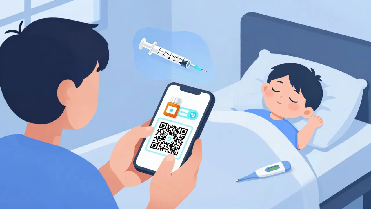 Parent scanning QR code on medicine bottle to view dosing video.