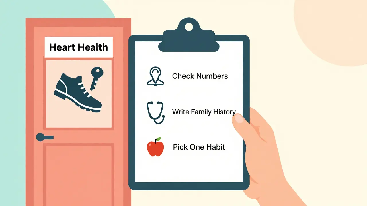 Person holding clipboard with three steps to heart health, standing before a door in flat cartoon style.