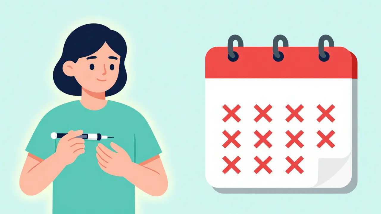 Person receiving monthly injection with calendar showing fewer migraine days over time.