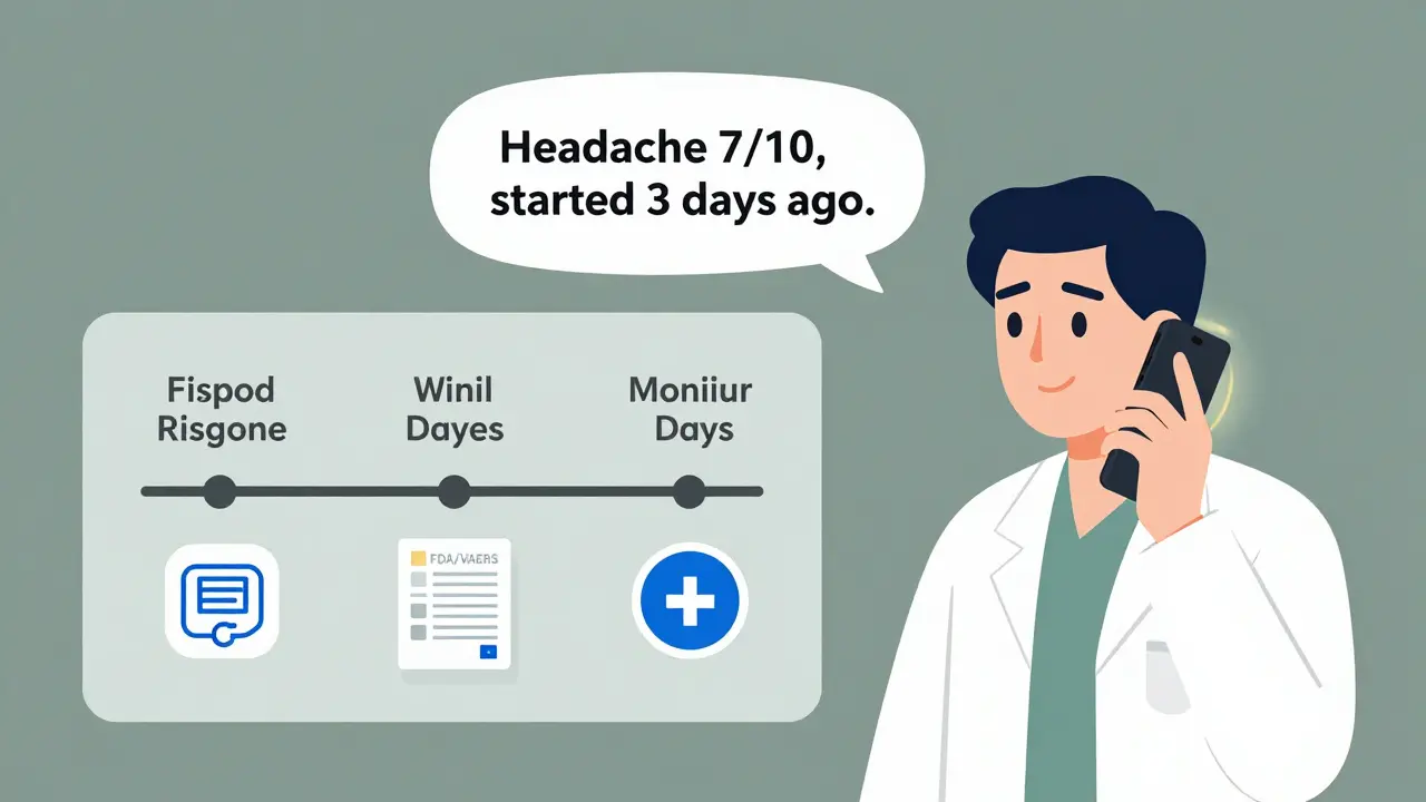 Person reporting symptoms to doctor with timeline showing monitoring process.