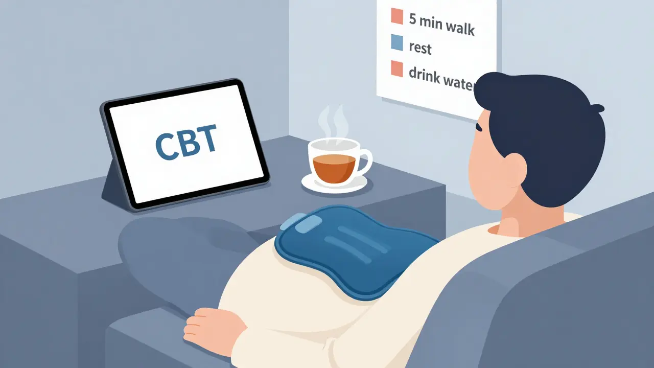 Person resting on couch with heating pad and CBT exercise on tablet, calm environment.