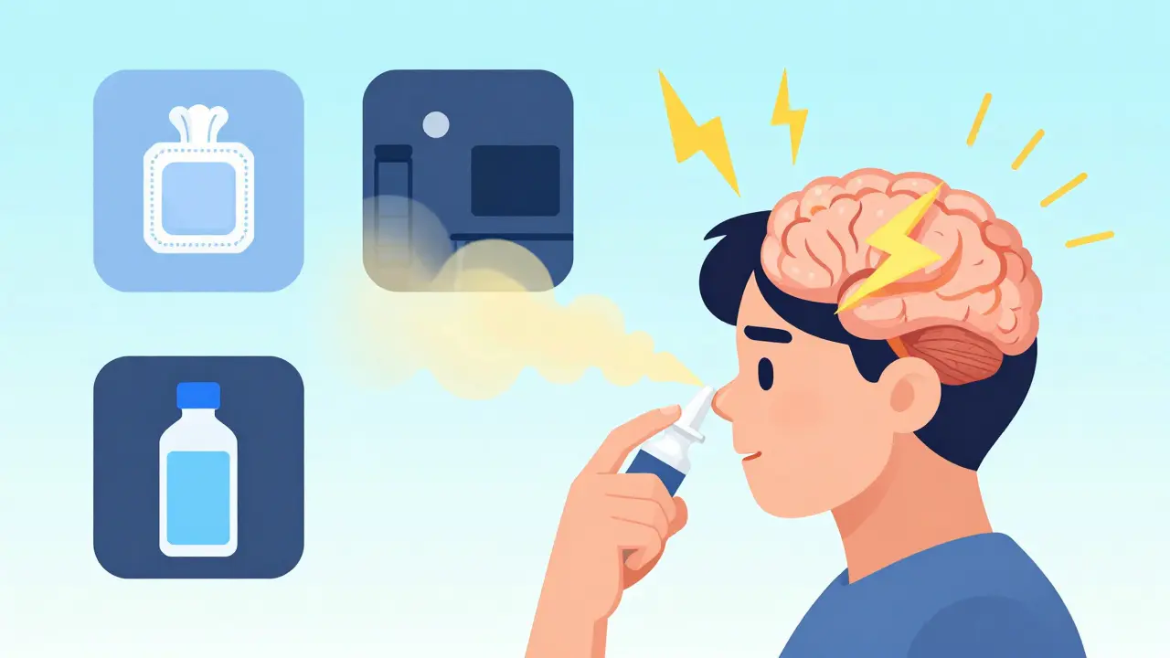Person using nasal spray to dissolve migraine lightning bolt, surrounded by wellness icons.