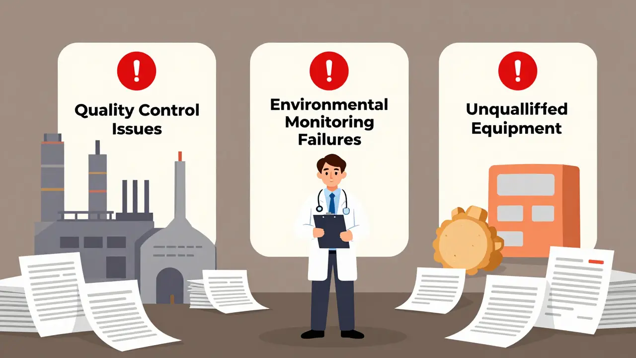 Pharmaceutical factory with three failure zones and an FDA inspector reviewing rejected reports.