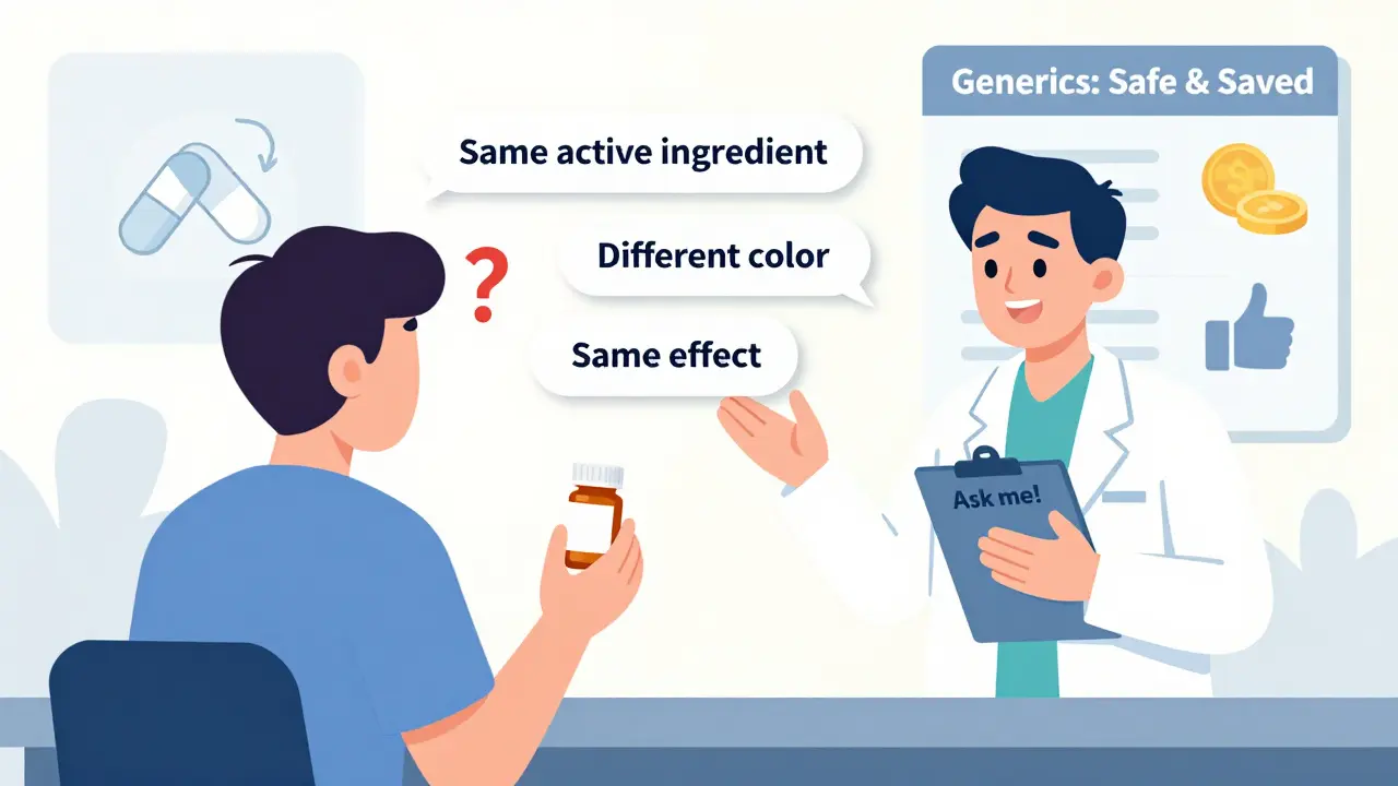 Pharmacist explaining generic medication to a patient with floating educational icons above them.