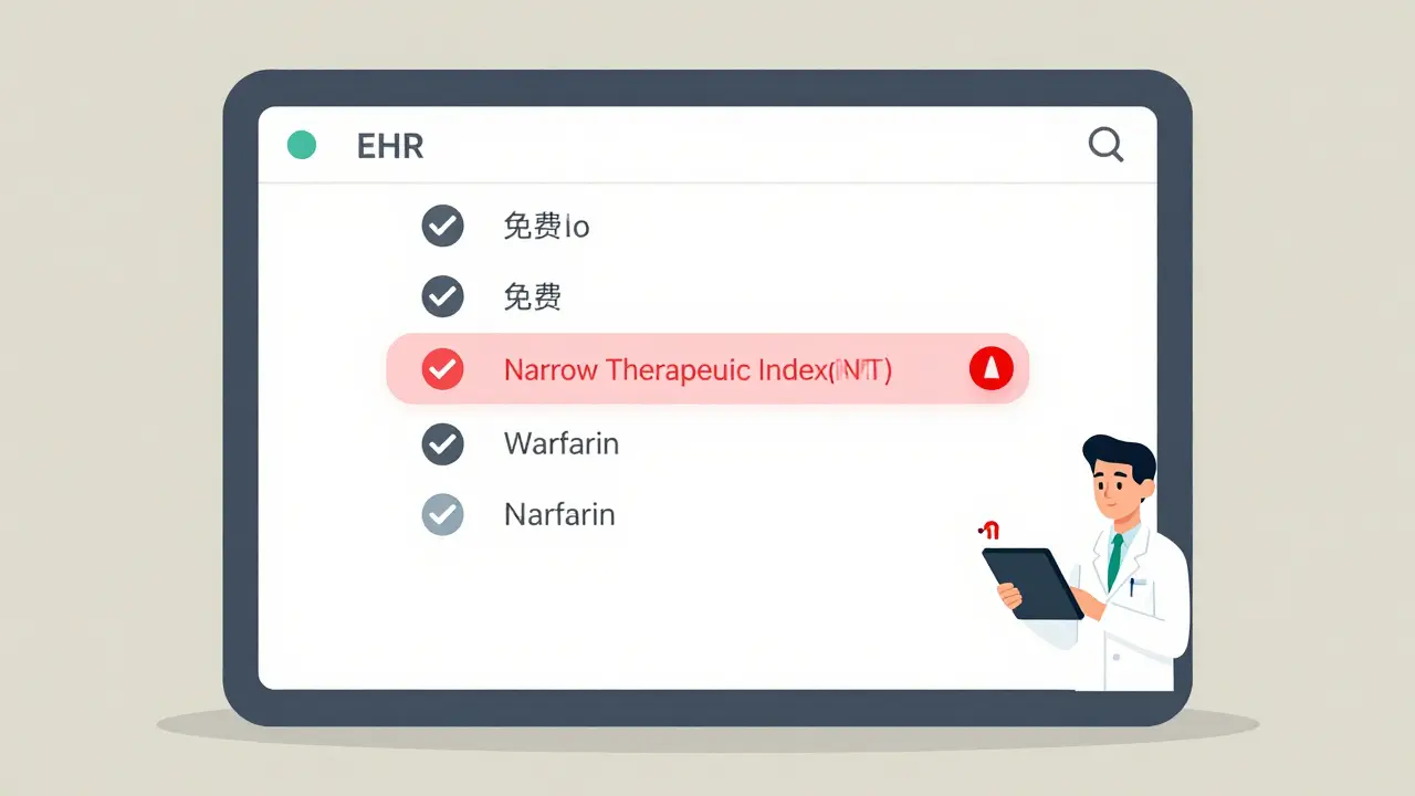 Pharmacy computer screen showing real-time substitution log with NTI drug alert.