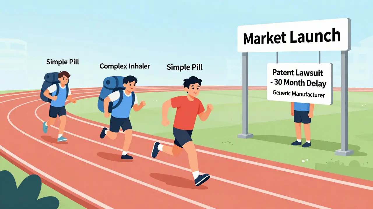 Race track with three generic drug types competing, one delayed by a patent lawsuit sign.