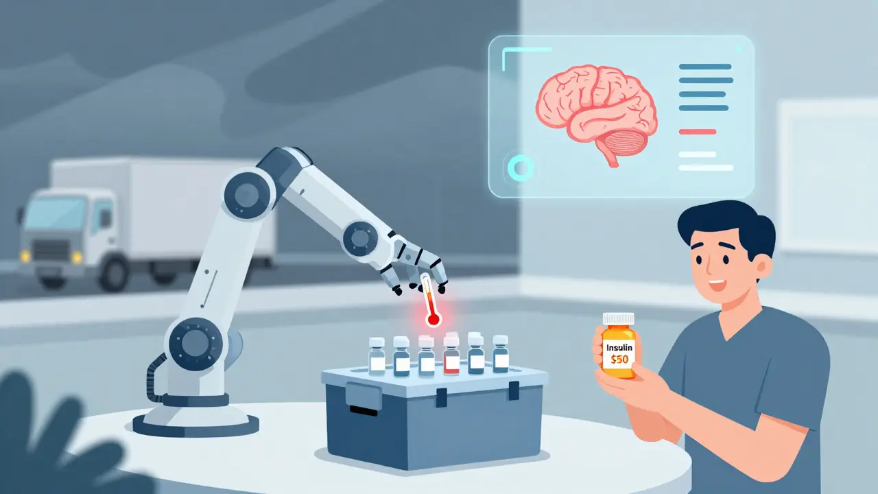 Robotic arm packing biosimilars into cold chain transport as a red thermometer signals risk