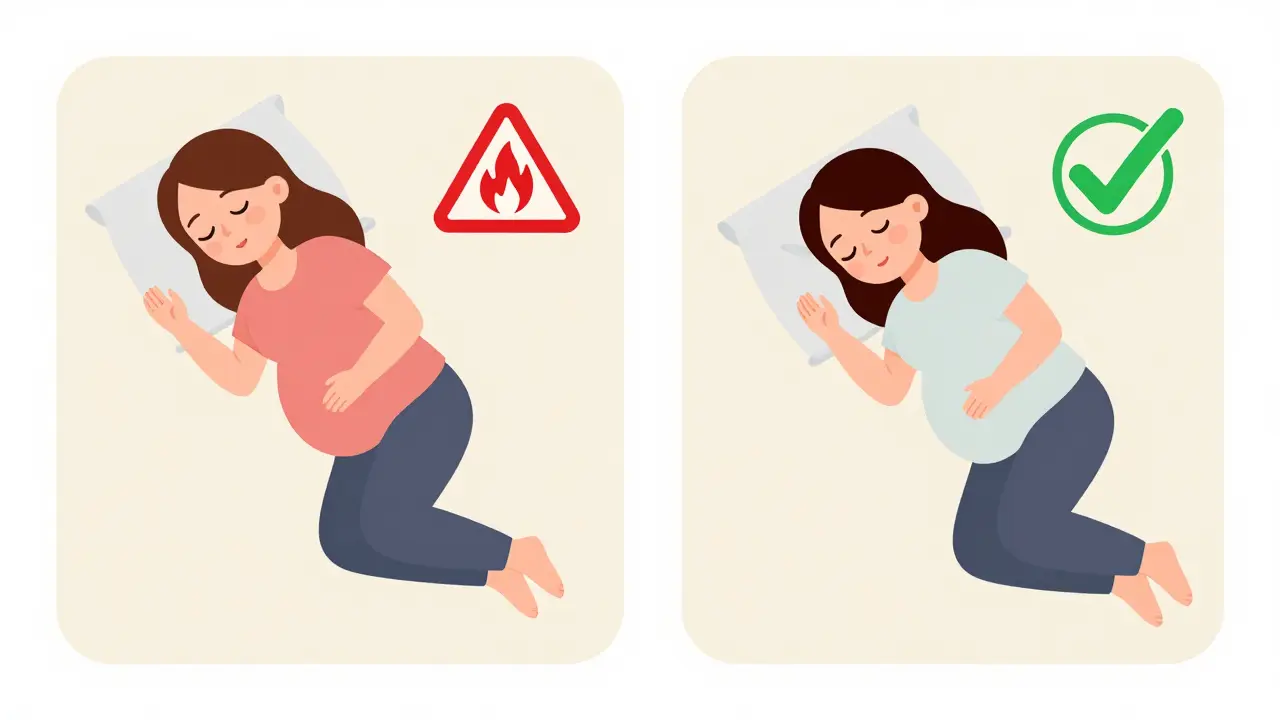 Side-by-side comparison of poor vs. improved sleep positions during pregnancy with health symbols.
