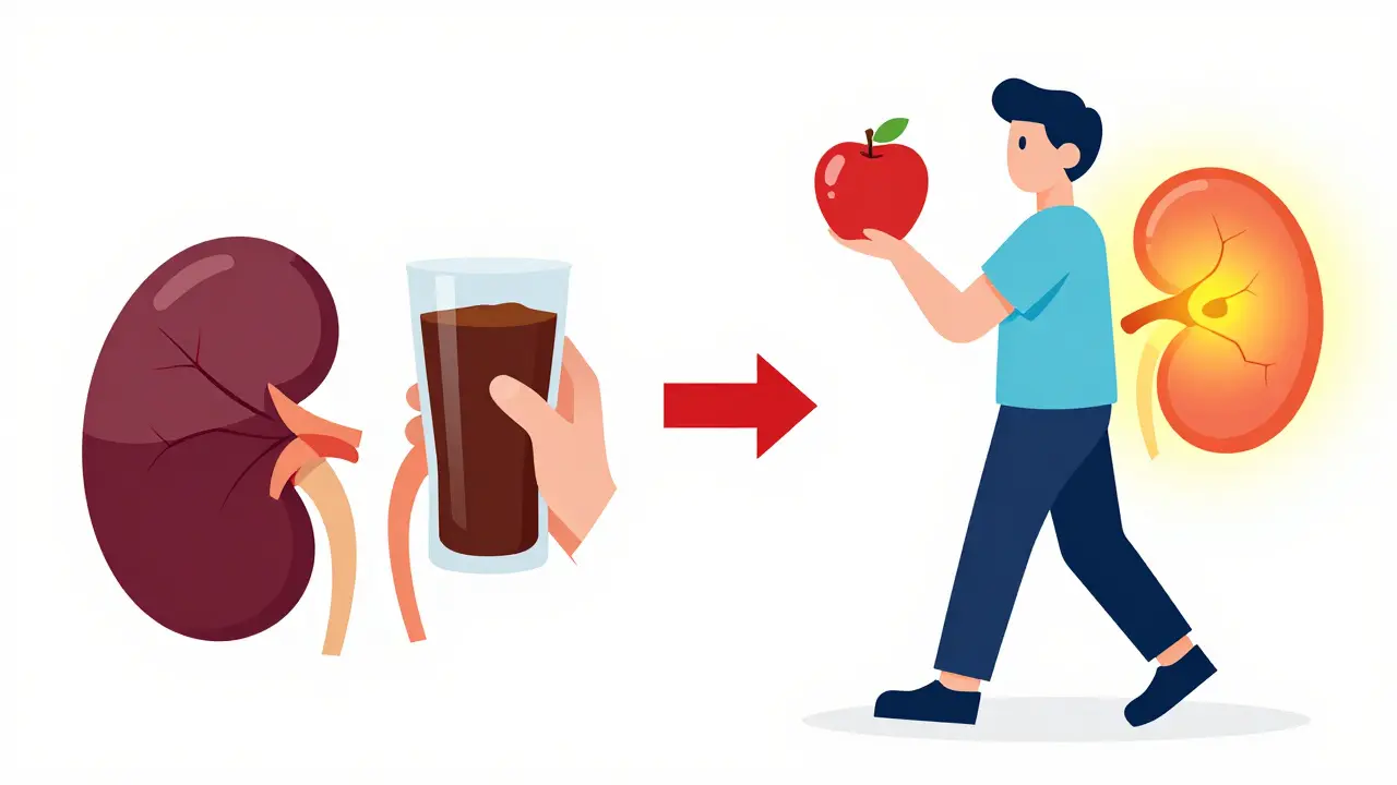 Split cartoon image showing unhealthy choices damaging kidneys versus healthy choices protecting them.