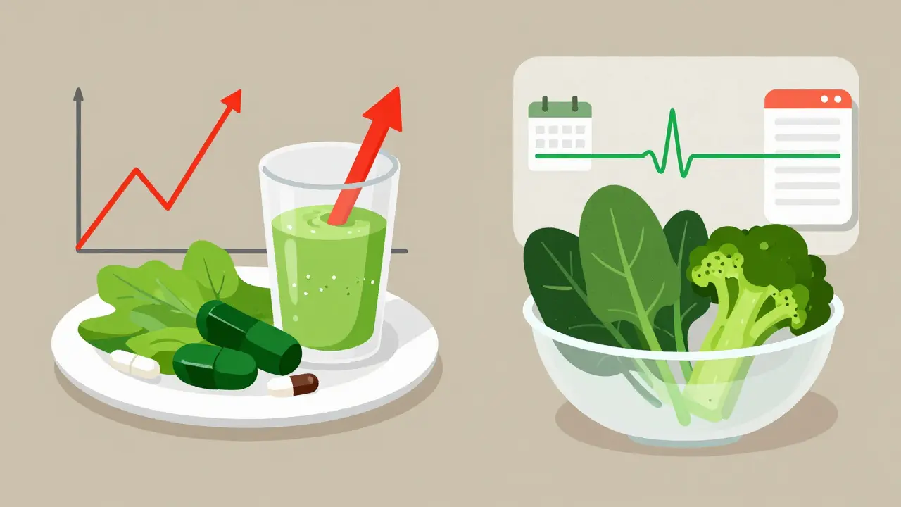 Split scene: chaotic high-vitamin K meal vs. consistent healthy plate with INR graph